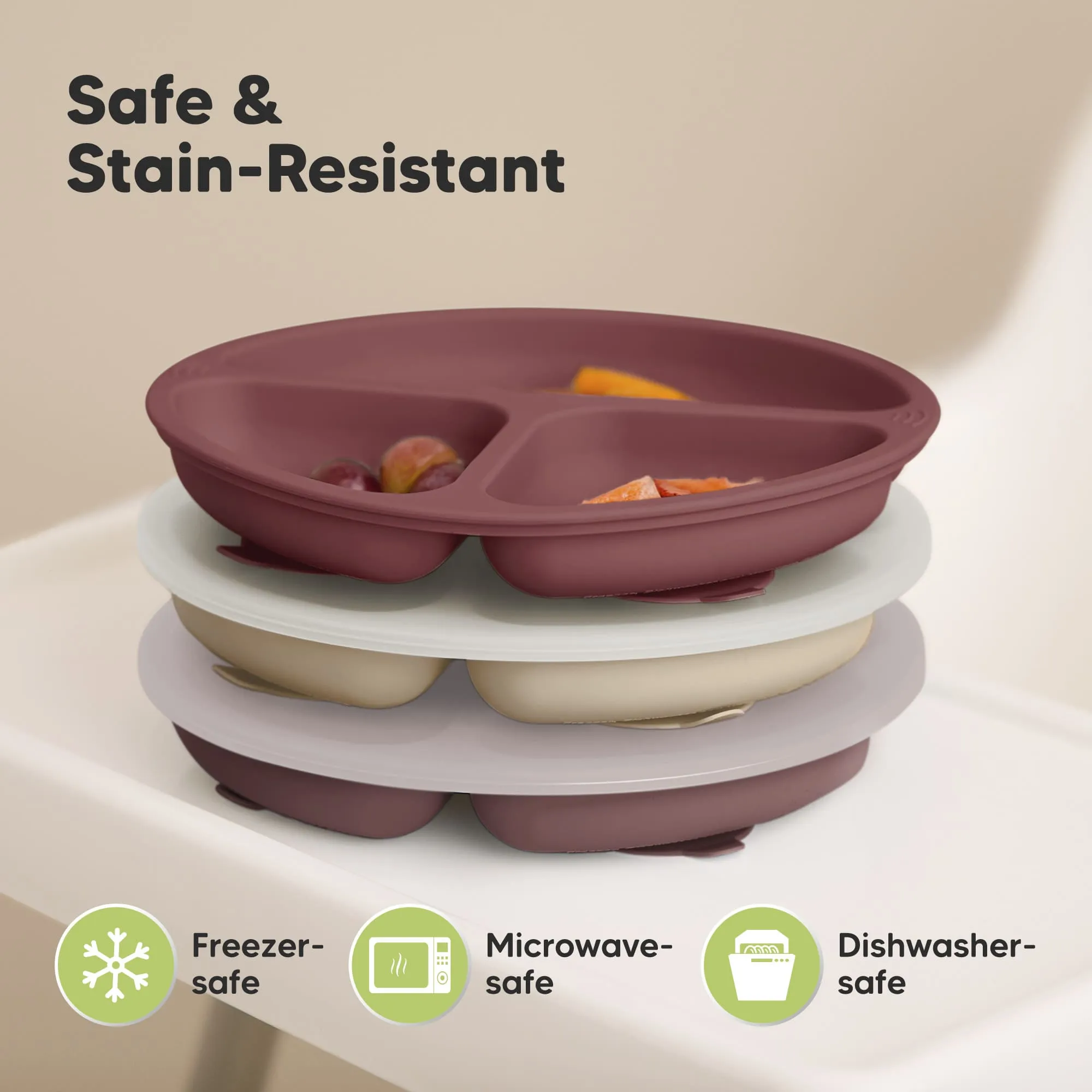 3-Pack Prep Silicone Suction Plates with Lids (Burgundy)