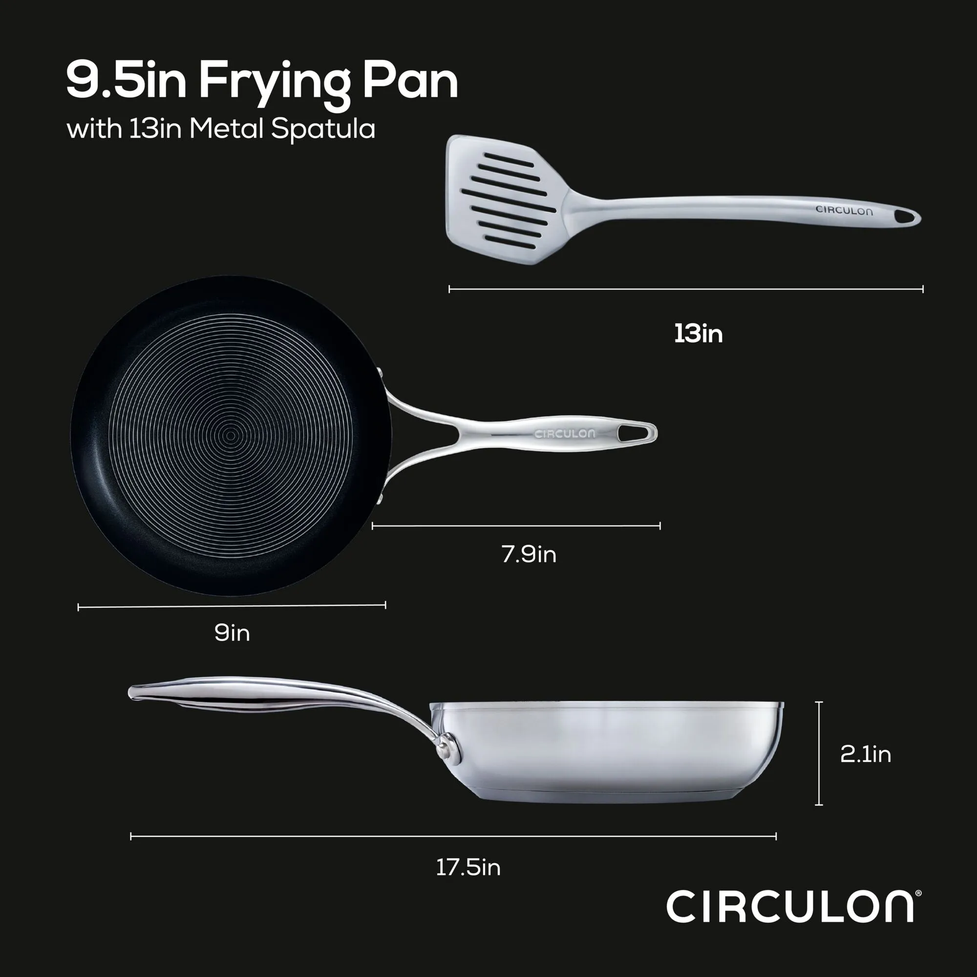 9.5" Hybrid Stainless Steel Frying Pan w/ Stainless-Steel Spatula