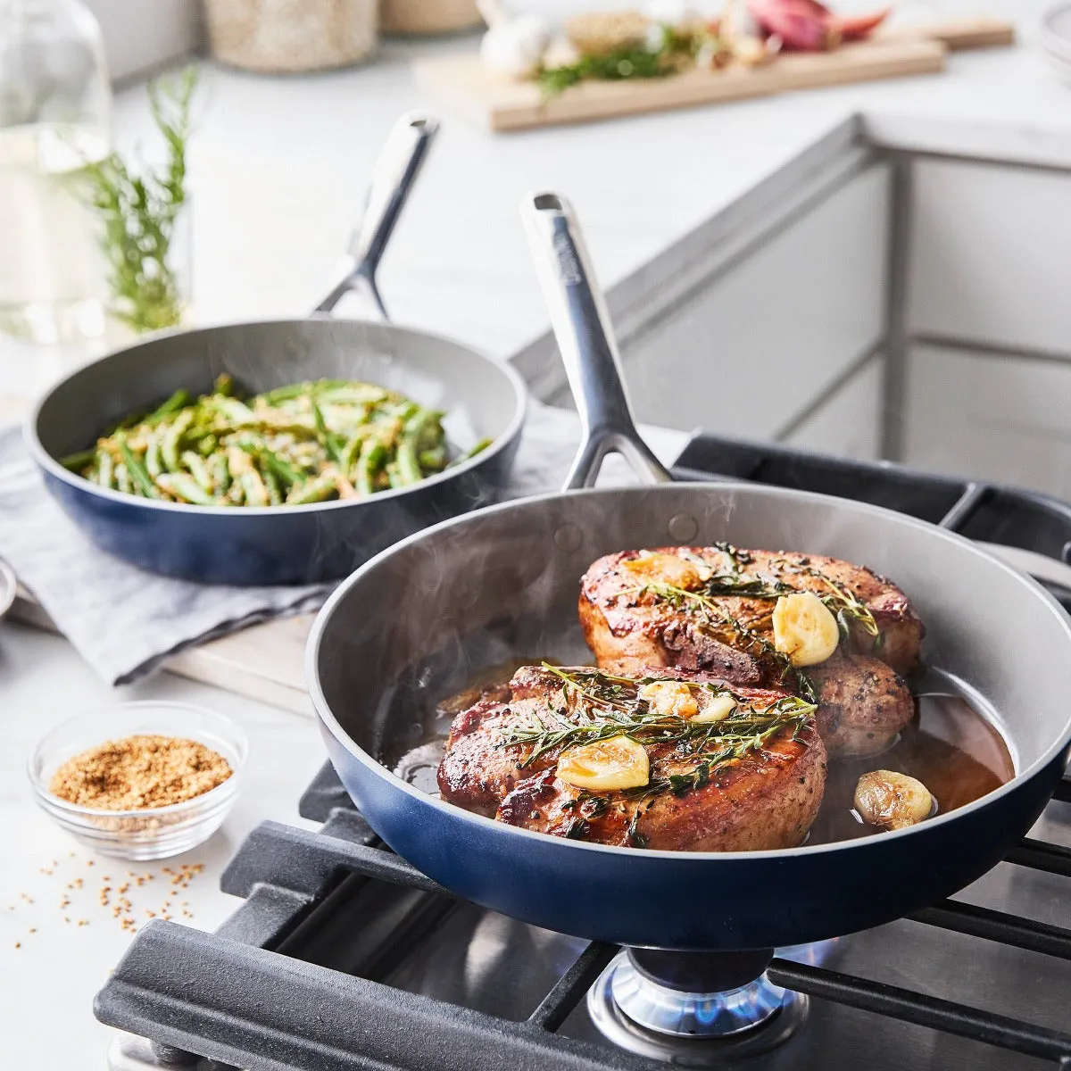 GP5 Colors Ceramic Nonstick 9.5" and 11" Frypan Set with Mirror Handles | Oxford Blue