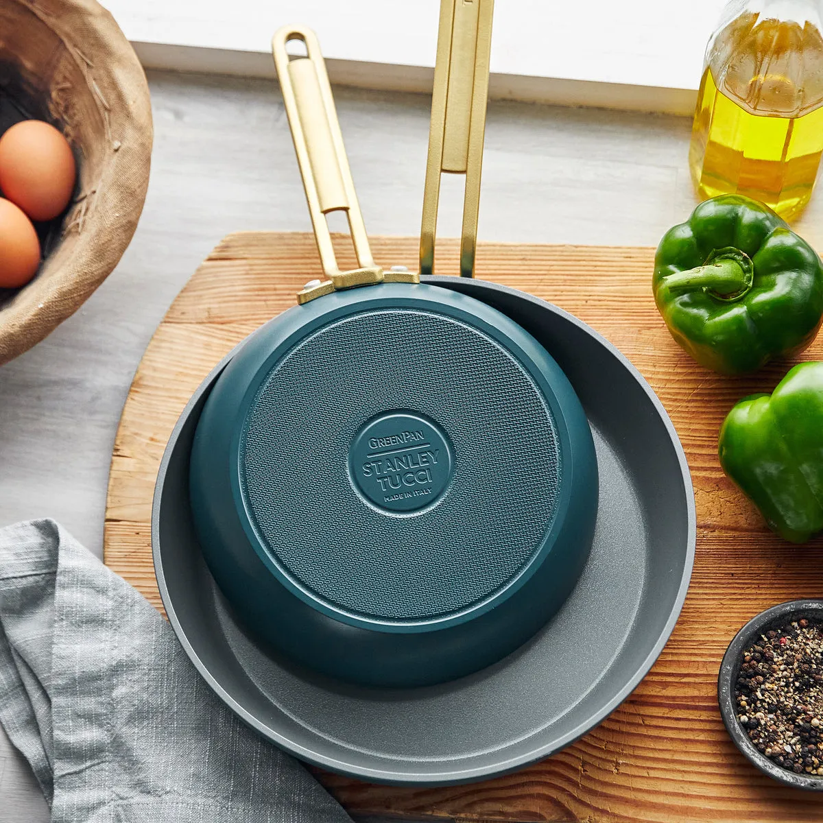 Stanley Tucci™ Ceramic Nonstick 4-Piece Frypan Set with The Tucci Cookbook | Venetian Teal
