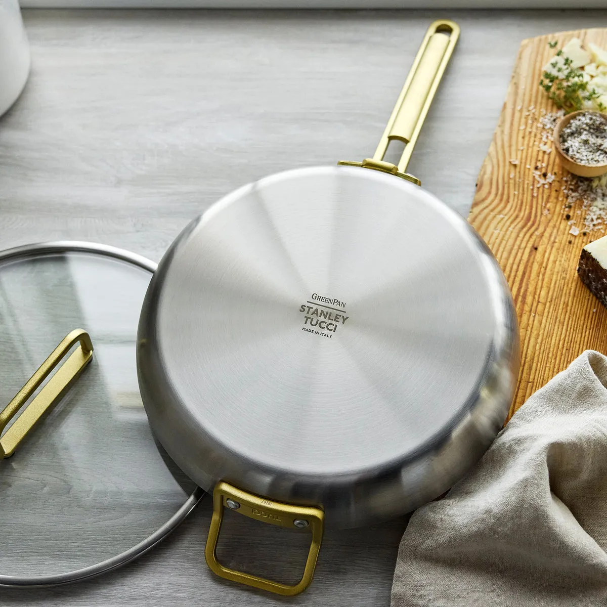 Stanley Tucci™ Stainless Steel Ceramic Nonstick 12" Frypan with Lid | Champagne Handle