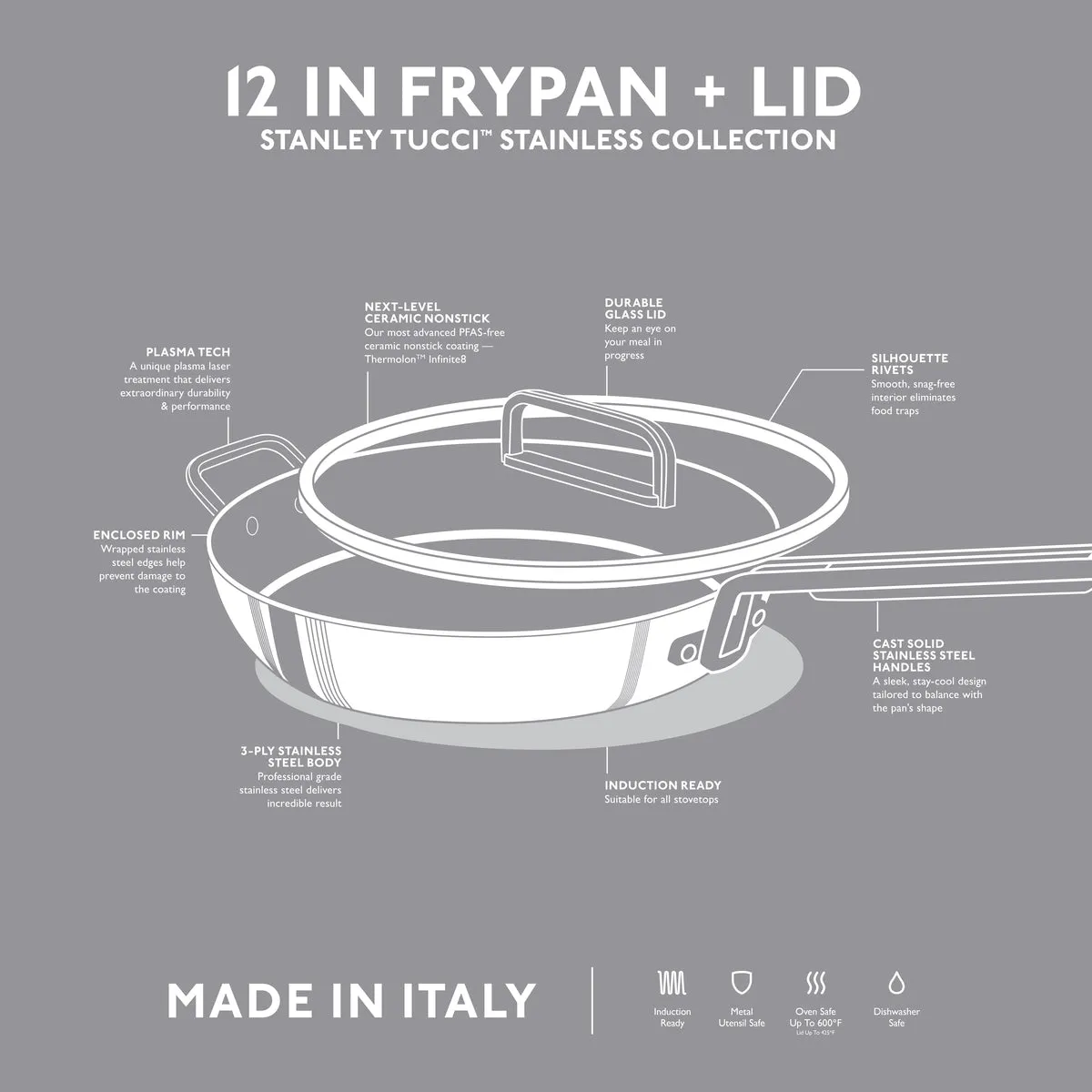 Stanley Tucci™ Stainless Steel Ceramic Nonstick 12" Frypan with Lid | Champagne Handle