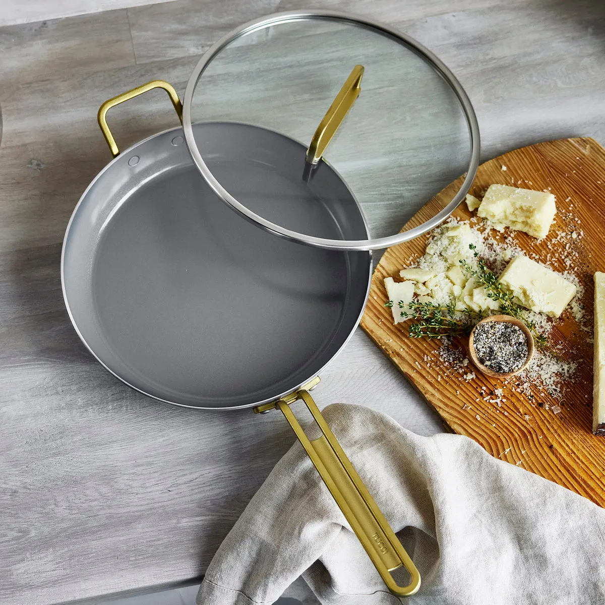 Stanley Tucci™ Stainless Steel Ceramic Nonstick 12" Frypan with Lid | Champagne Handle