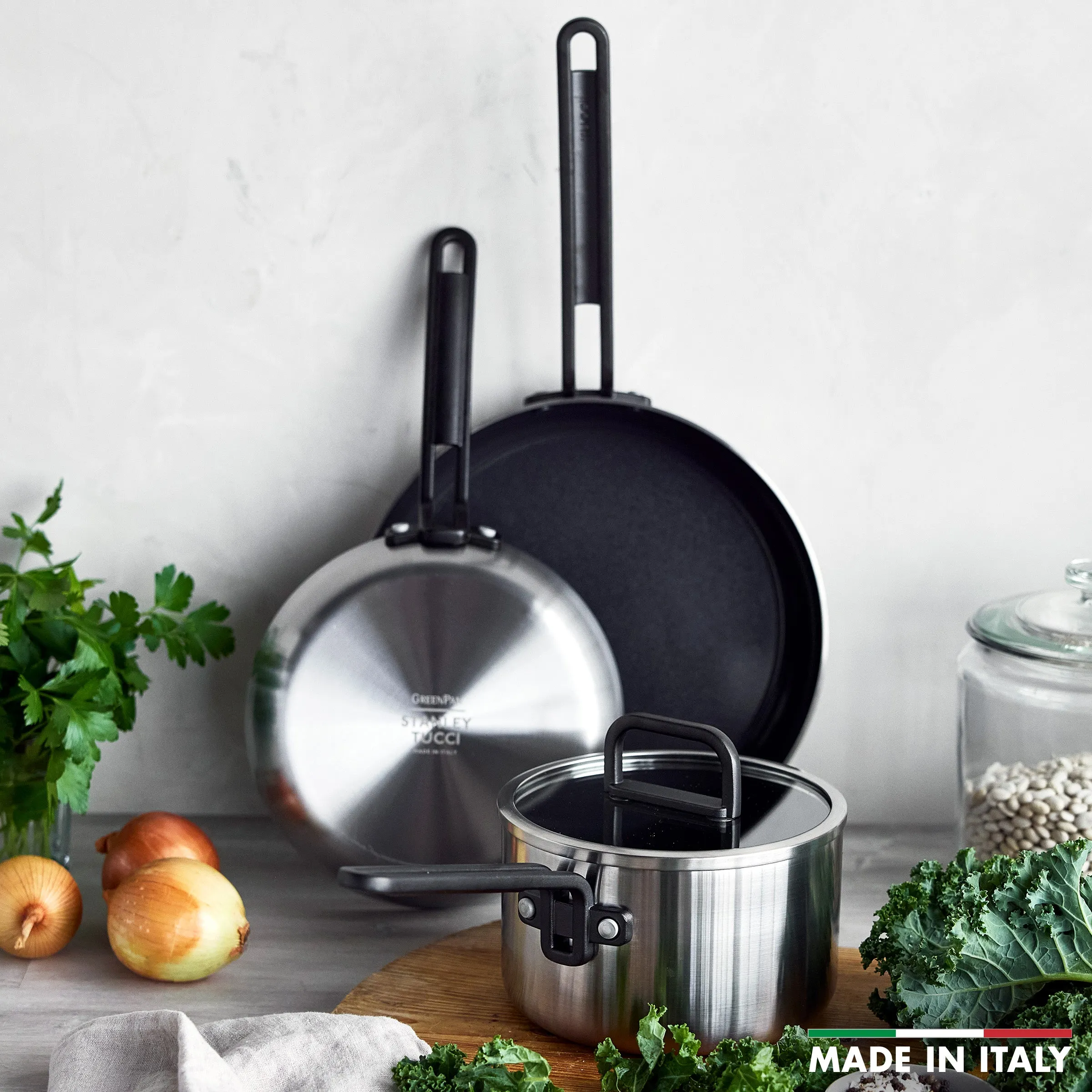 Stanley Tucci™ Stainless Steel Ceramic Nonstick 4-Piece Essentials Cookware Set with The Tucci Cookbook | Black Handles