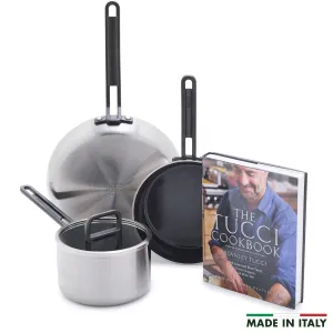 Stanley Tucci™ Stainless Steel Ceramic Nonstick 4-Piece Essentials Cookware Set with The Tucci Cookbook | Black Handles