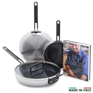 Stanley Tucci™ Stainless Steel Ceramic Nonstick 4-Piece Frypan Set with The Tucci Cookbook | Black Handles