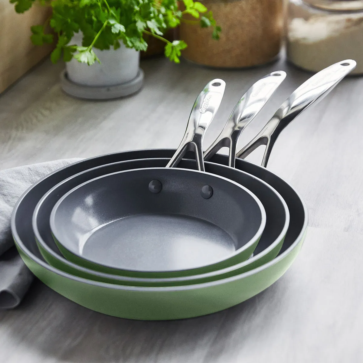 Valencia Pro Ceramic Nonstick 8", 9.5", and 11" Frypan Set | Sage