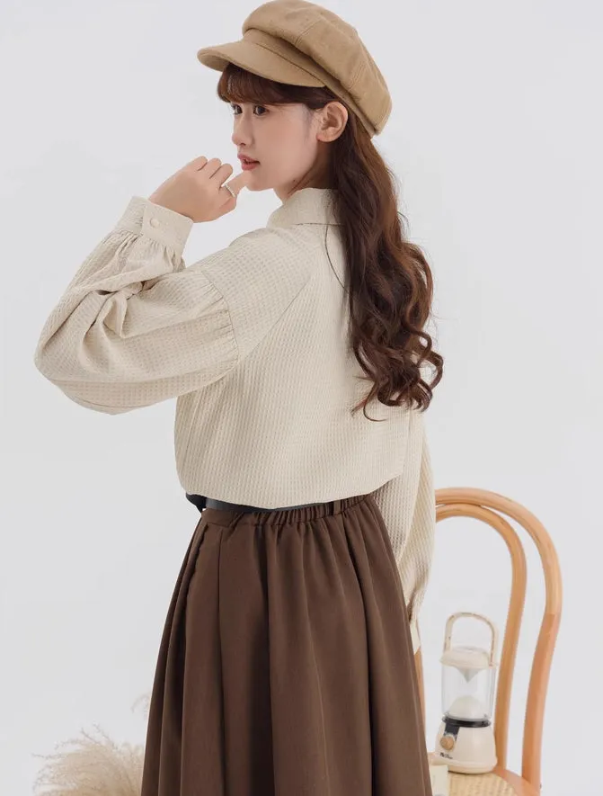 Waffle Puff Sleeve Blouse (Milk Tea)