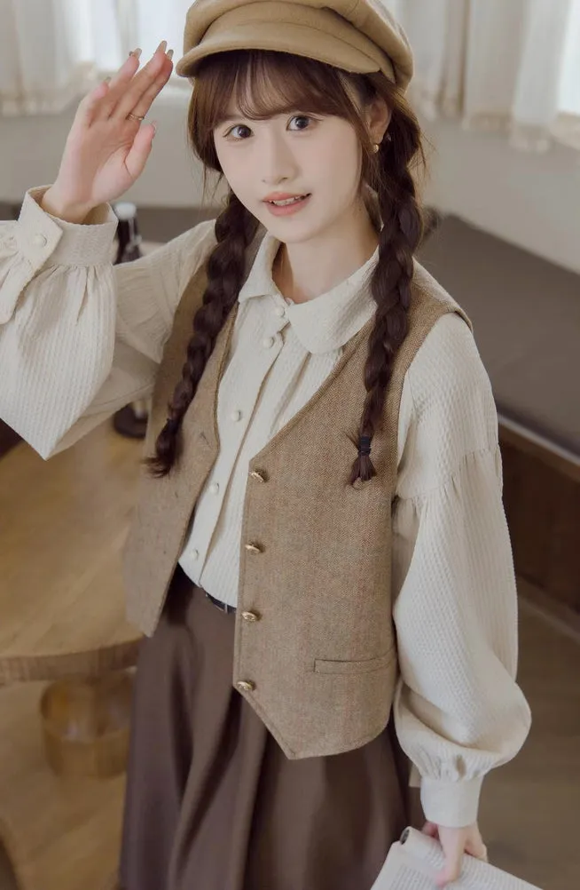 Waffle Puff Sleeve Blouse (Milk Tea)