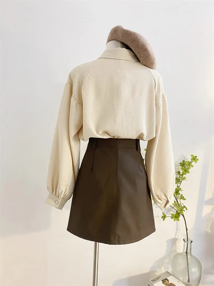 Waffle Puff Sleeve Blouse (Milk Tea)