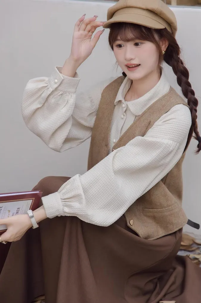 Waffle Puff Sleeve Blouse (Milk Tea)