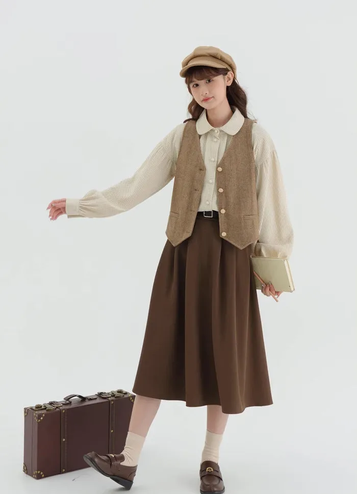 Waffle Puff Sleeve Blouse (Milk Tea)