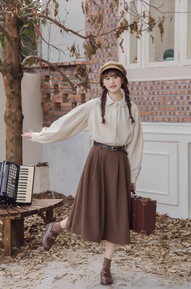 Waffle Puff Sleeve Blouse (Milk Tea)