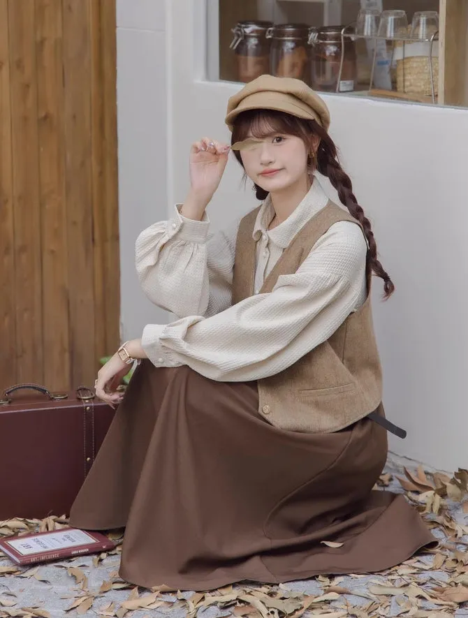 Waffle Puff Sleeve Blouse (Milk Tea)