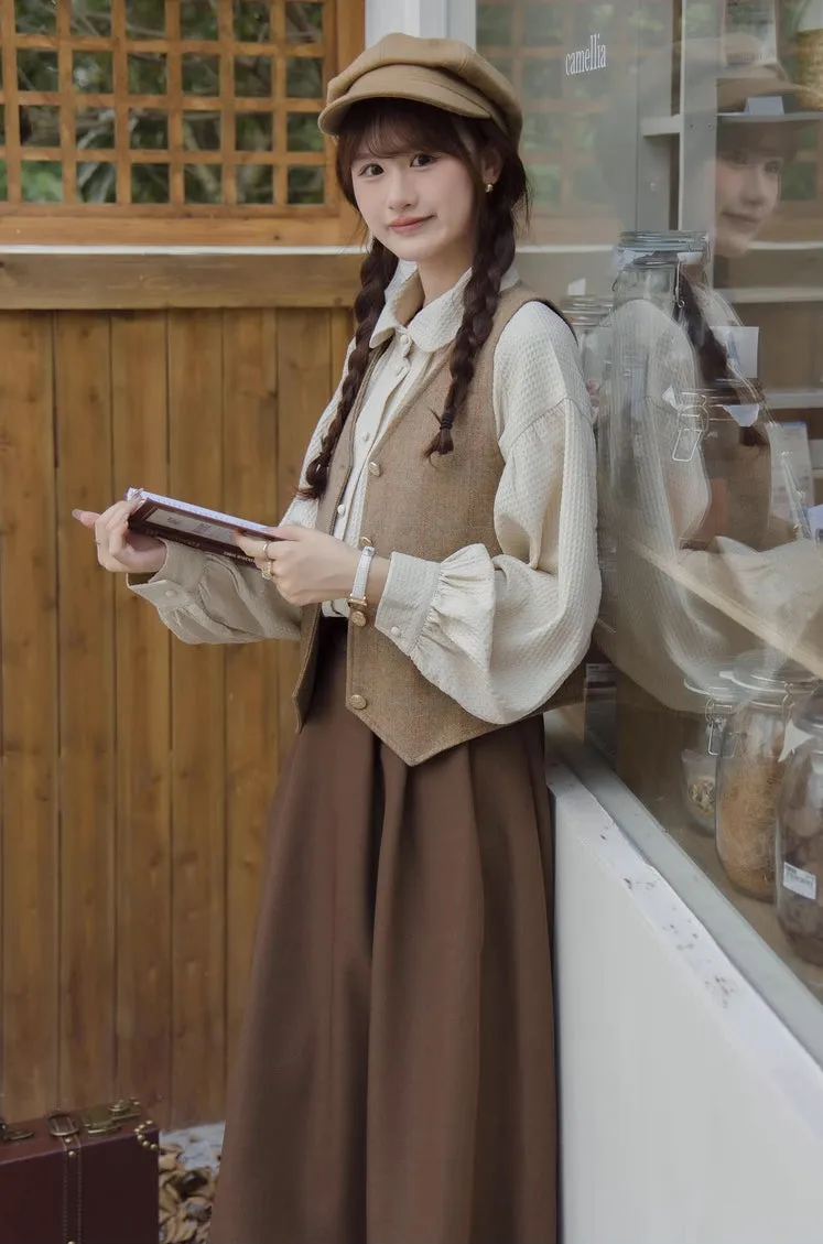 Waffle Puff Sleeve Blouse (Milk Tea)