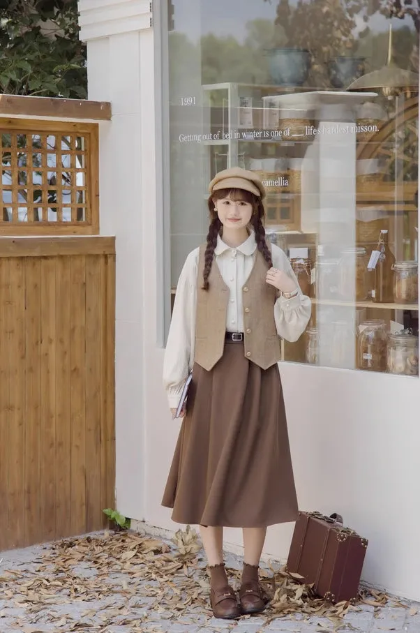 Waffle Puff Sleeve Blouse (Milk Tea)