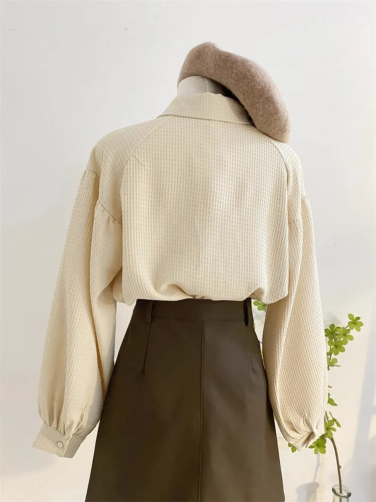 Waffle Puff Sleeve Blouse (Milk Tea)