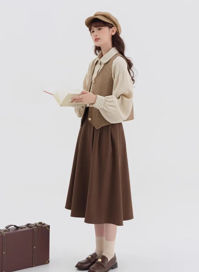 Waffle Puff Sleeve Blouse (Milk Tea)