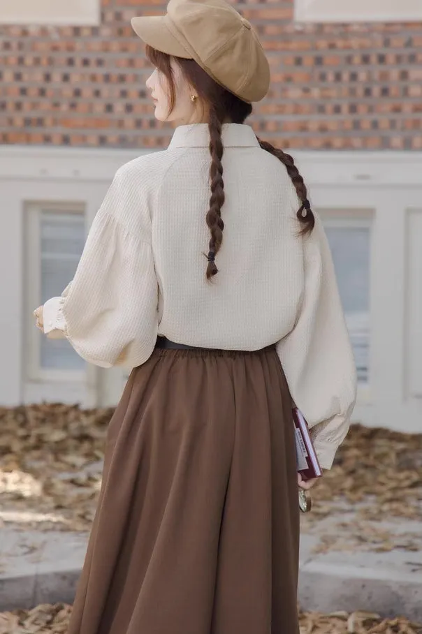 Waffle Puff Sleeve Blouse (Milk Tea)