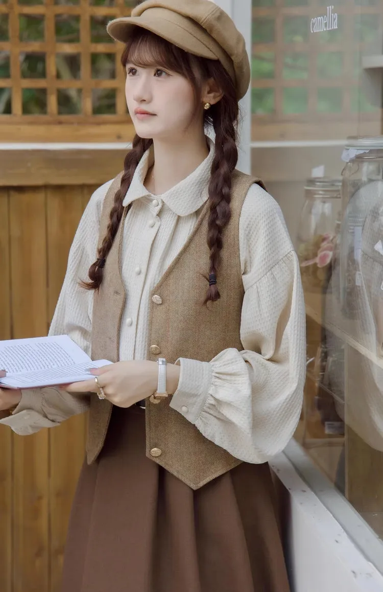 Waffle Puff Sleeve Blouse (Milk Tea)