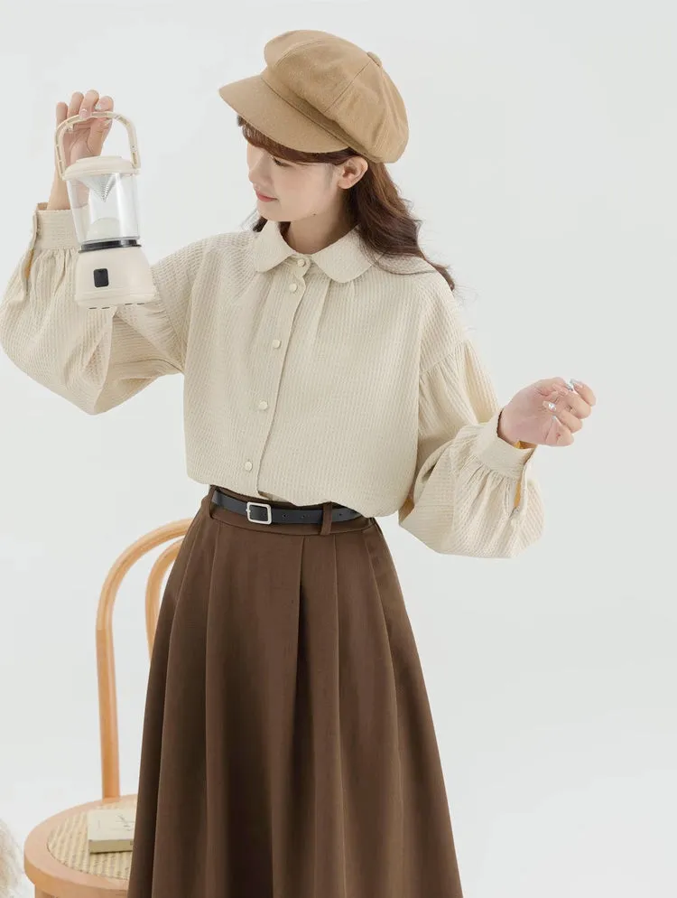 Waffle Puff Sleeve Blouse (Milk Tea)