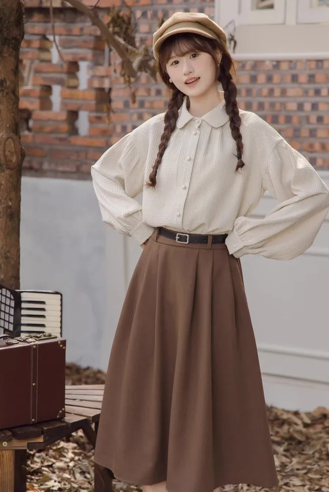Waffle Puff Sleeve Blouse (Milk Tea)