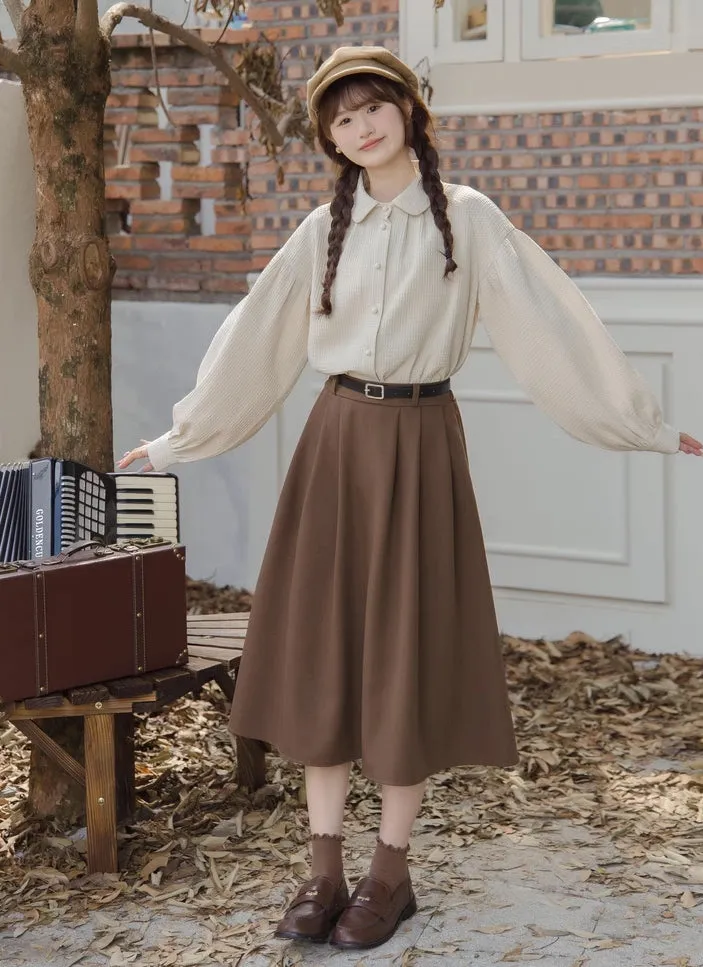 Waffle Puff Sleeve Blouse (Milk Tea)