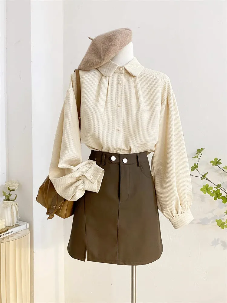 Waffle Puff Sleeve Blouse (Milk Tea)