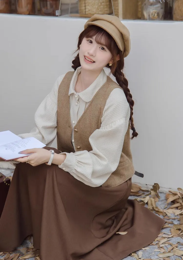 Waffle Puff Sleeve Blouse (Milk Tea)