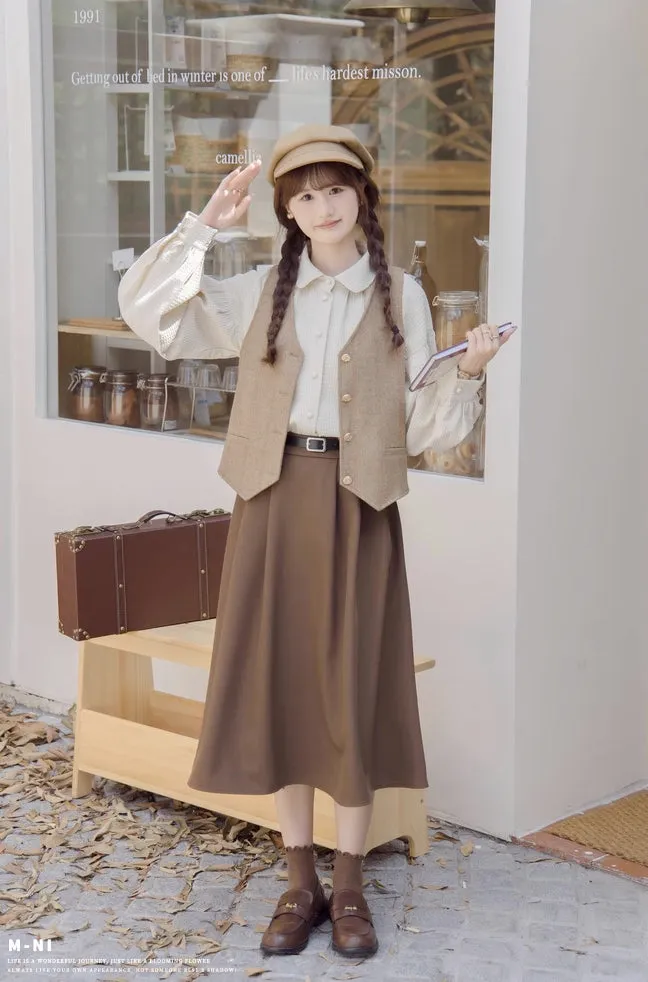 Waffle Puff Sleeve Blouse (Milk Tea)