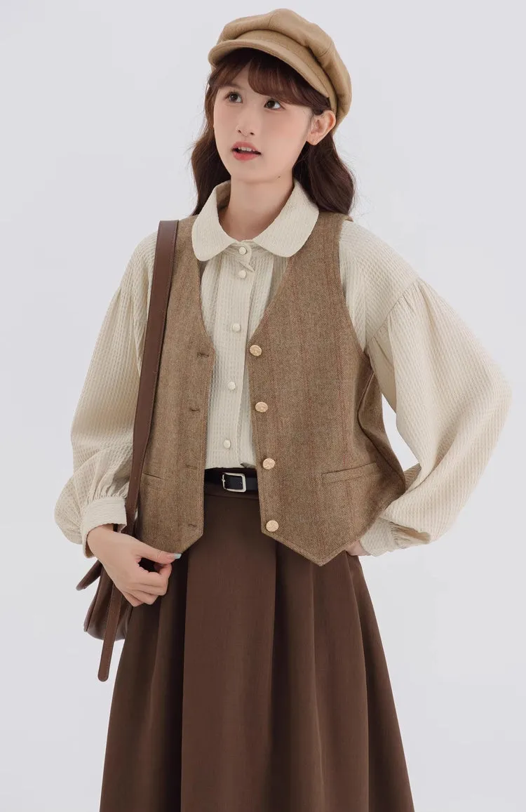 Waffle Puff Sleeve Blouse (Milk Tea)