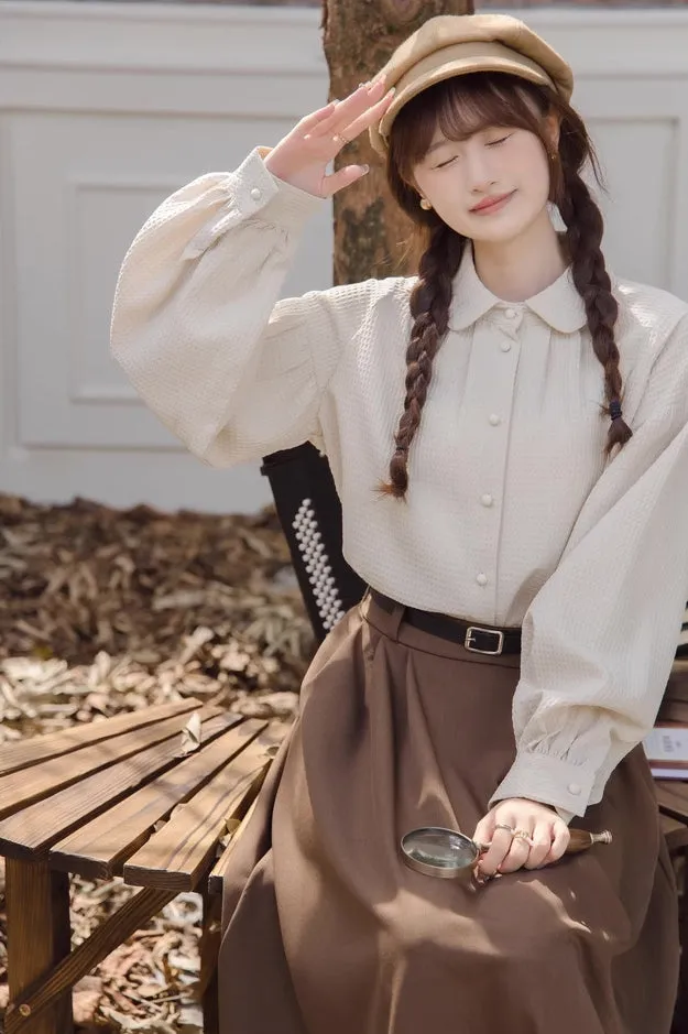 Waffle Puff Sleeve Blouse (Milk Tea)