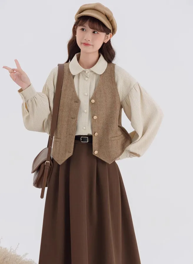 Waffle Puff Sleeve Blouse (Milk Tea)