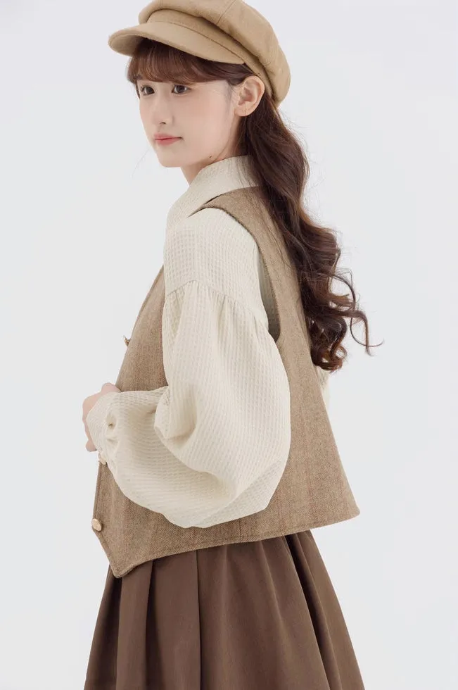 Waffle Puff Sleeve Blouse (Milk Tea)